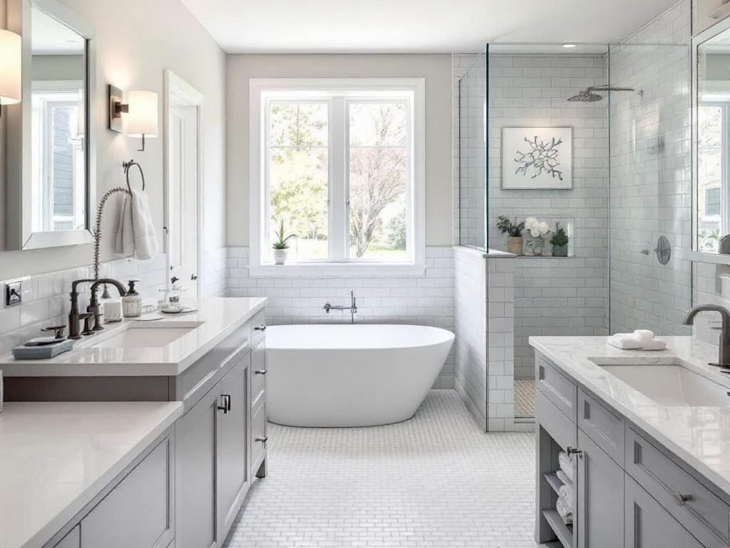 Caption: Freshly remodeled bathroom boasting a modern, contemporary design featuring high-quality tile work from premier contractors near Melrose, MA. A modern, contemporary design bathroom after remodeling by expert tile installation contractors near Melrose, MA.