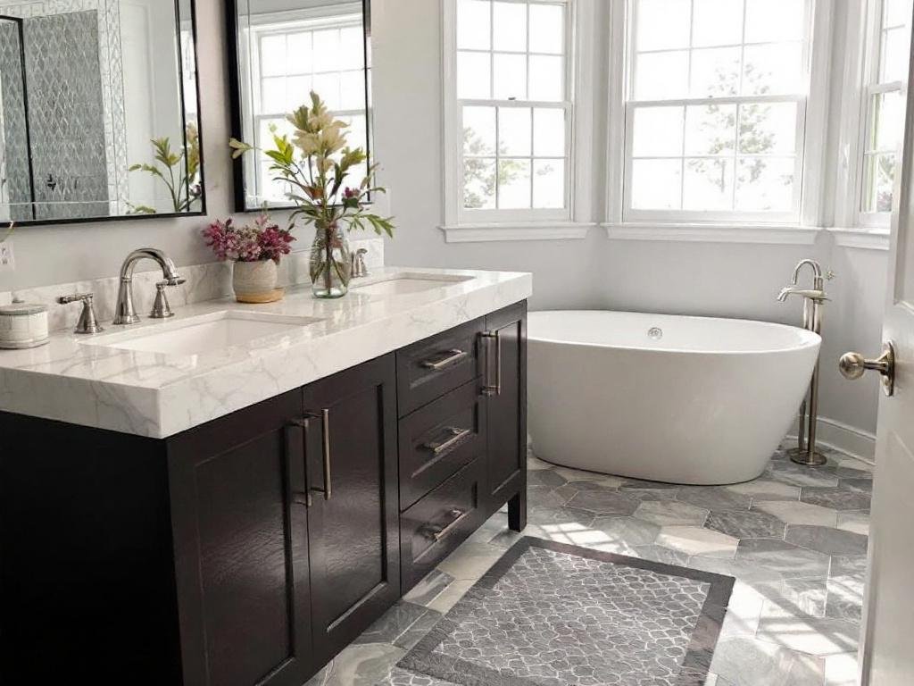 Acton's Leading Bathroom Tile Flooring Installation Service. Professional tile flooring installation in a redesigned bathroom near Acton, MA.
