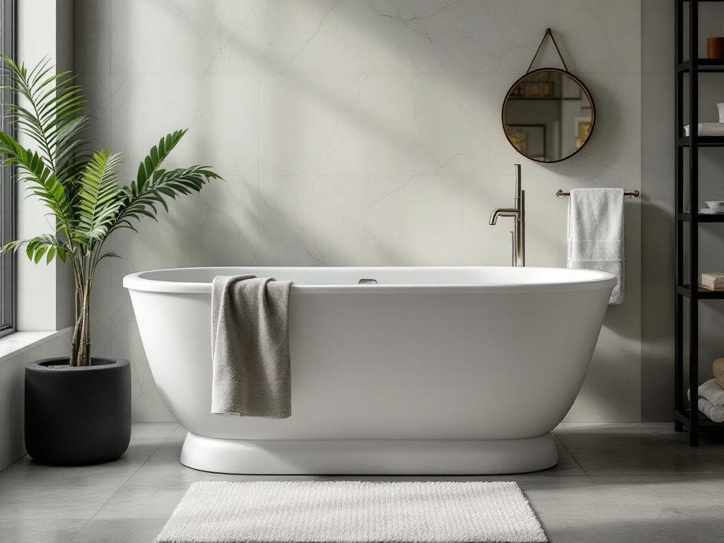 Caption: Experience a seamless union of comfort and style in this modern bathroom transformation. With its sophisticated contemporary design and brand-new bathtub, this space truly is a game-changer in bathroom remodeling. A beautiful, modern bathroom remodel featuring a sleek, contemporary design and a luxurious new bathtub.