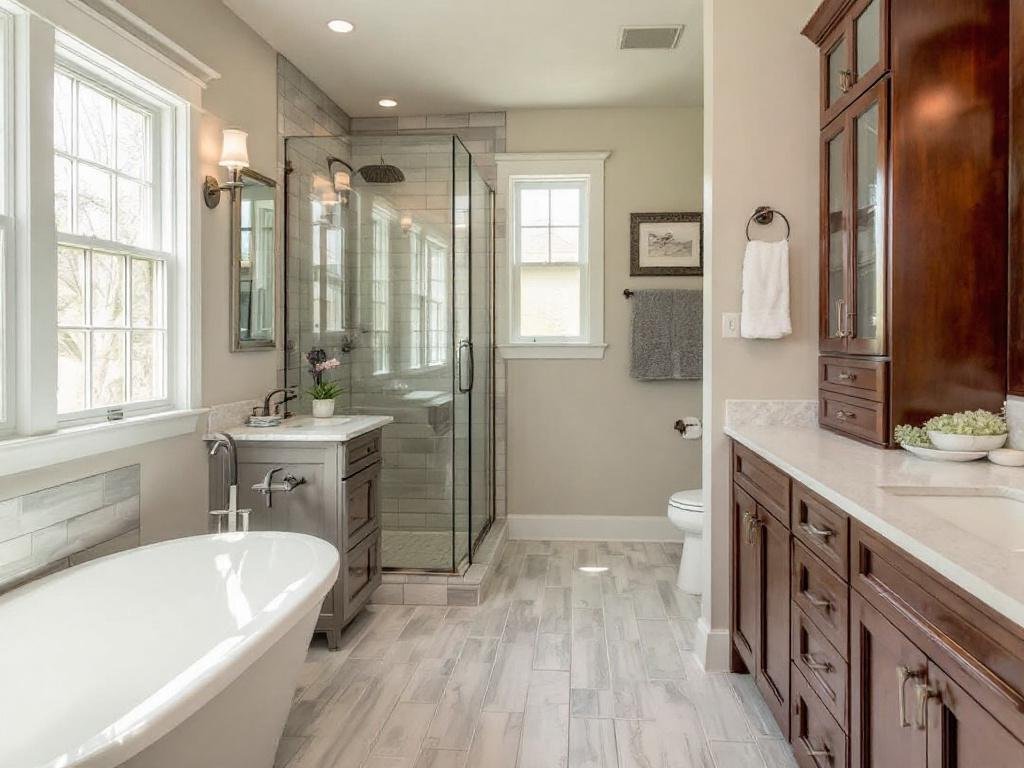 Caption: Upgrade Your Bathroom Aesthetics with Our Modern Tile Flooring Installation in Winchester, MA. Professional tile installers laying modern, contemporary designed tiles during a bathroom remodeling project in Winchester, MA.