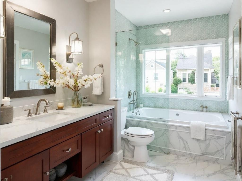 Caption: Experience the luxury of a high-end bathroom remodel by Norwood's finest contractors. Modern, contemporary design of newly renovated bathroom delivered by top-rated bathroom contractors near Norwood, MA.