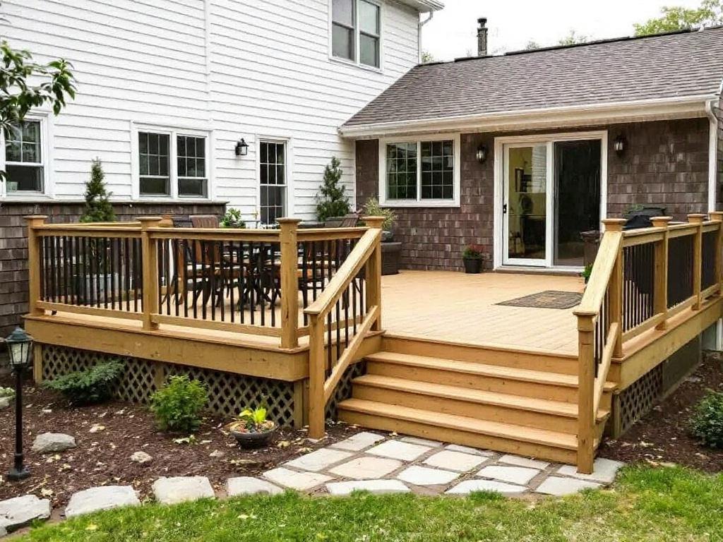 A modern, contemporary deck installation in progress in the vicinity of Lincoln, MA, showcasing the potential for outdoor living.