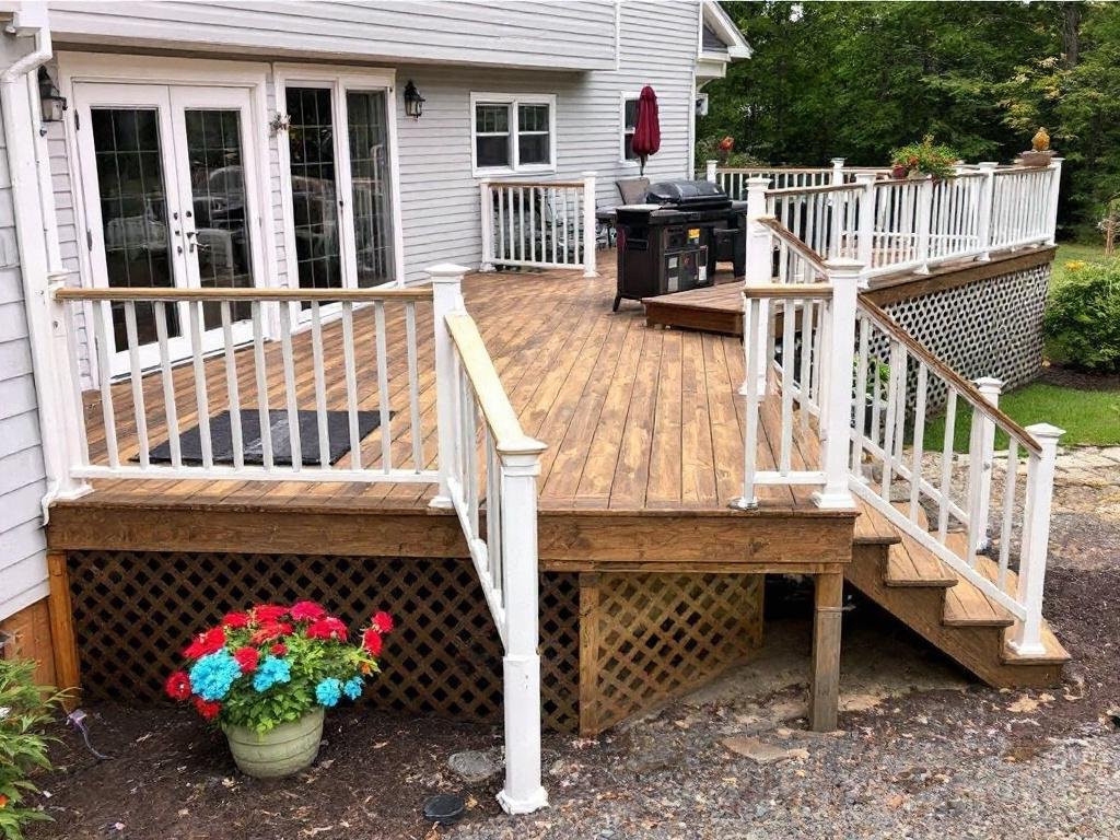 Superior Deck Construction in Newton, MA: Unveiling Majesty in Modern Design A newly constructed modern and contemporary deck by skilled contractors in Newton, MA.