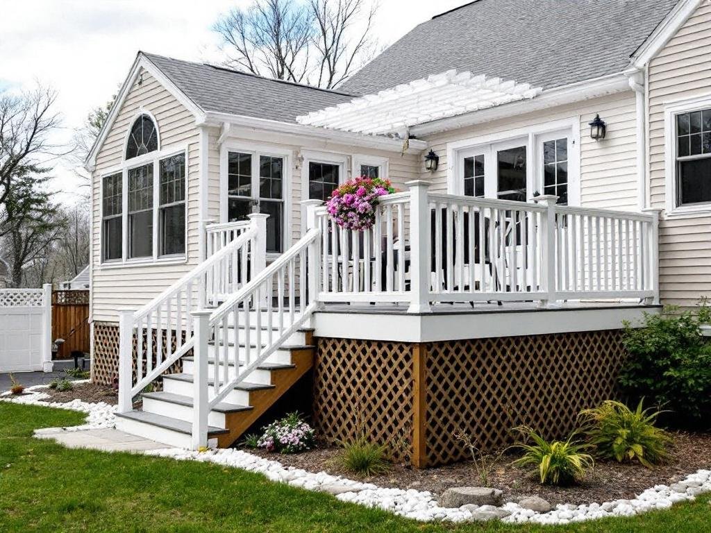 Unveiling the Elegance of Deck Construction by Newton's Finest. Skilled contractors in Newton, MA working diligently on a prestigious deck construction project.