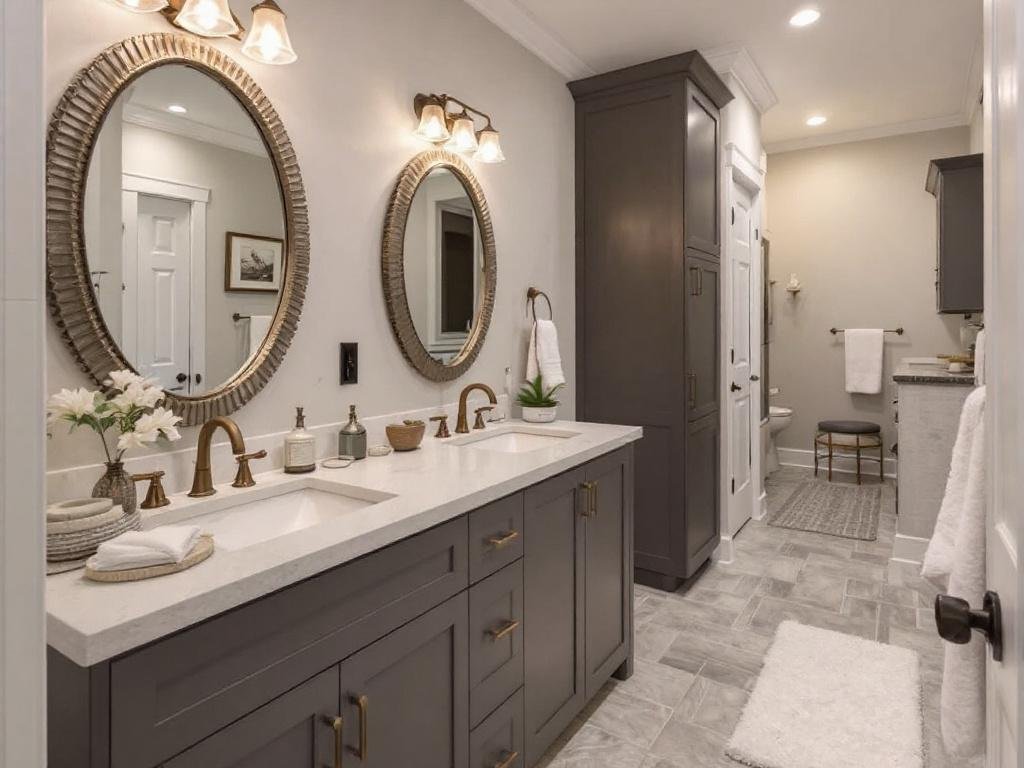 A sleek, modern bathroom with designers floors and a stand-alone bathtub, indicating bathroom contractors' work near Walpole, MA.