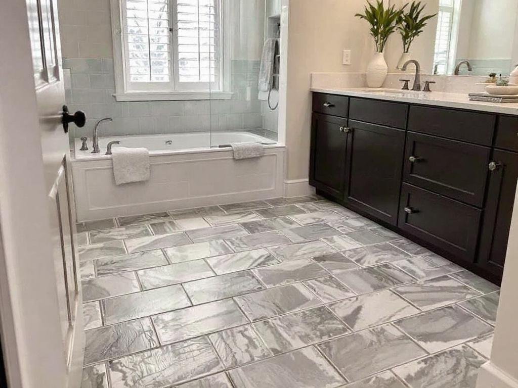 Caption: Your Dream Bathroom Awaits: Top Floor Tile Installers at Work Near Wayland, MA. Alt Text: Skilled and professional best floor tile installers working on a contemporary-style bathroom remodel in Wayland, MA.
