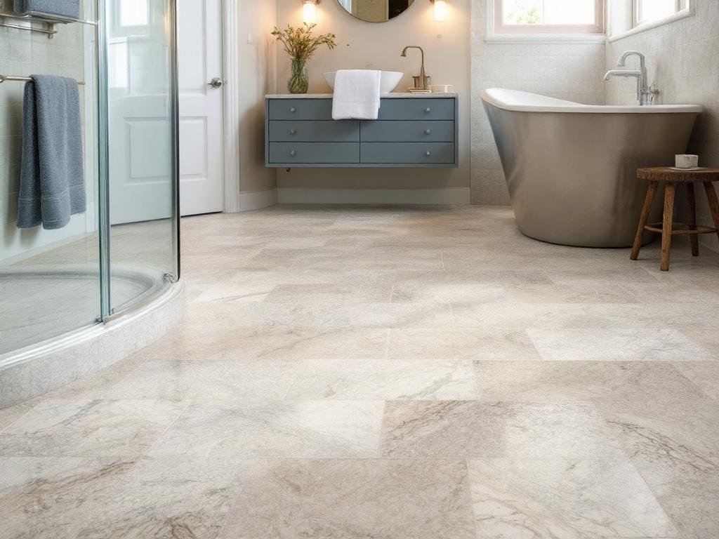 Experienced tile installers in Quincy, MA expertly installing contemporary floor tiles in a modern bathroom.