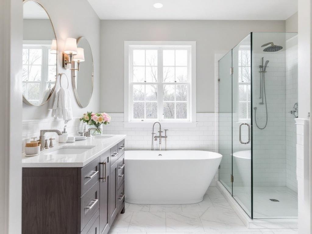 Caption: Immaculate transformation! This contemporary bathroom remodel brings together modern design with quality craftsmanship in Winchester, MA. Modern and stylish bathroom showcasing contemporary design elements after complete remodel in Winchester, MA.