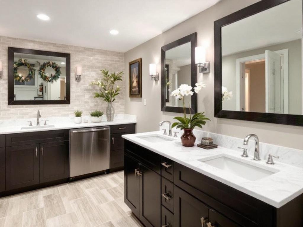 Basement after a contemporary remodeling in Medfield, promoting its new, modern design.