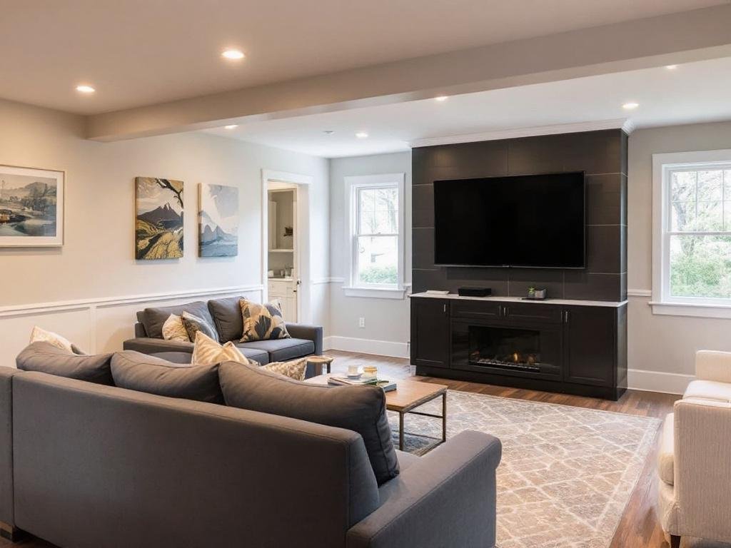 Modern New Basement Remodeling Projects, Transforming Homes in Braintree, MA. Contemporary styled new basement remodelling in a recently elevated home near Braintree, MA.