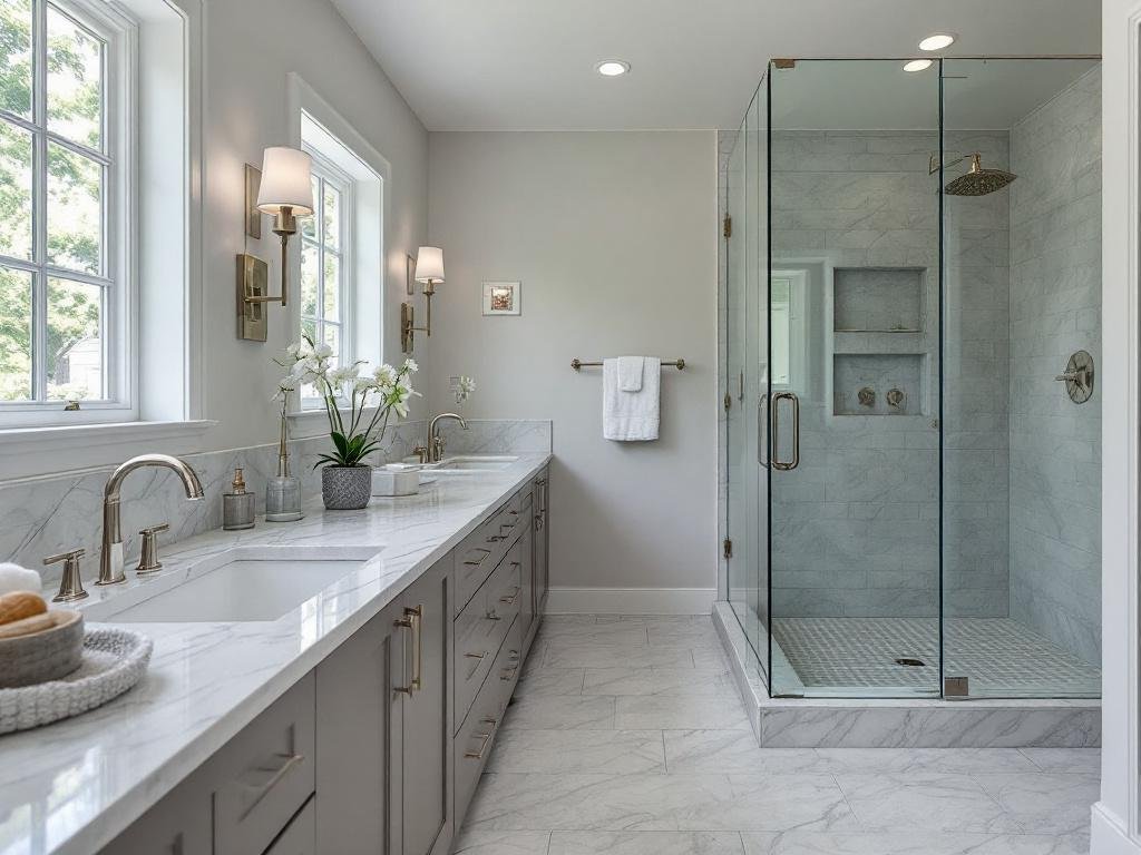 A high-quality bathroom remodeling undertaken by exceptional general construction contractors located in Waltham, MA, featuring modern and contemporary design elements.