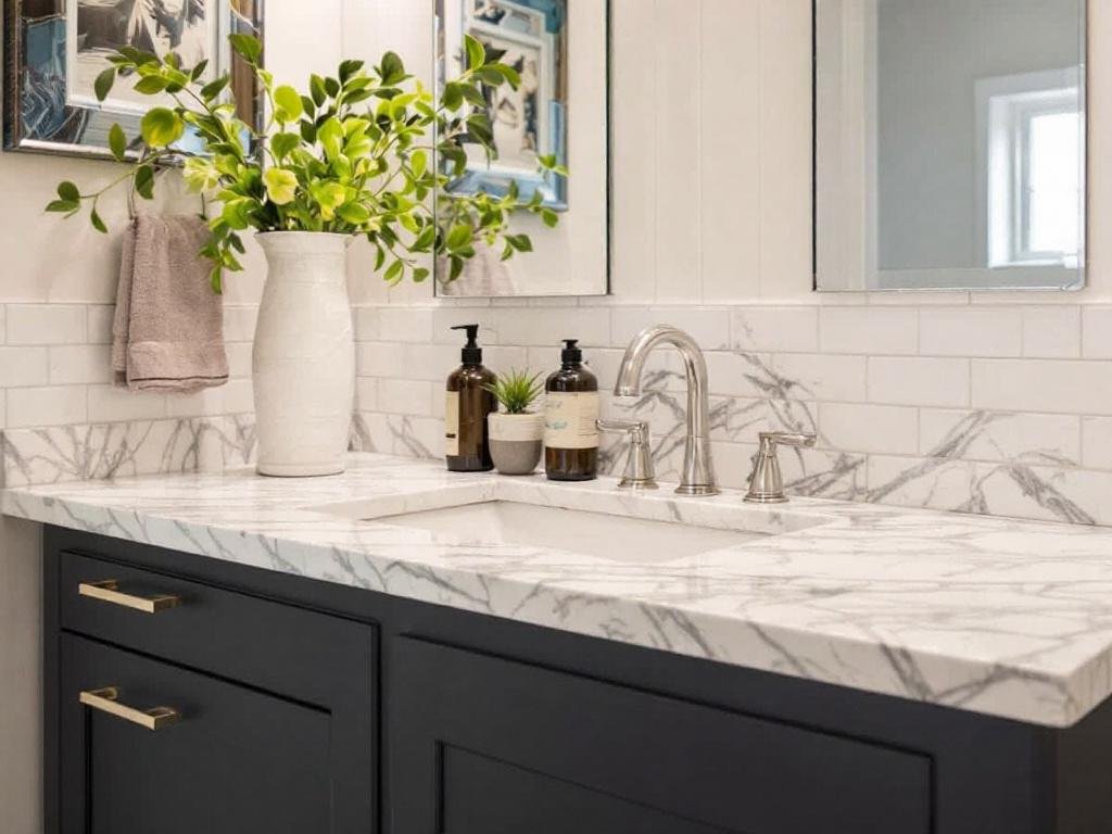 Professional tile installers working on a modern-style bathroom remodel near Dover, MA.