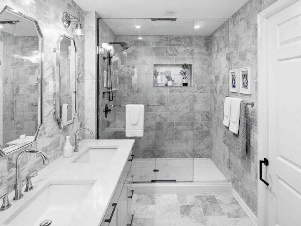 Expert tile installers working on a prestigious bathroom remodel in Dover, MA.