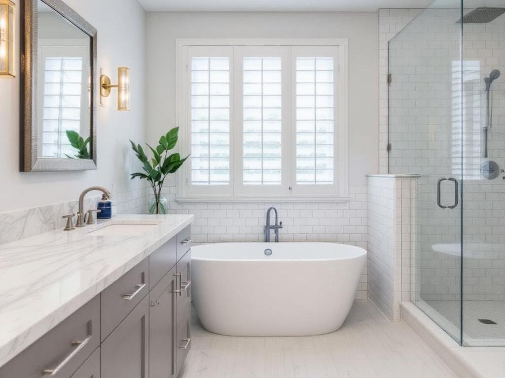 Alt Text: Skilled general contractors in modern contemporary bathroom remodelling project near Acton, MA.