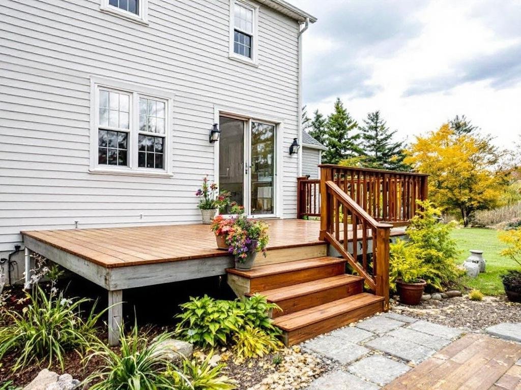 A newly installed modern deck in Norwood, MA, showcasing a contemporary design that transforms the outdoor living space.