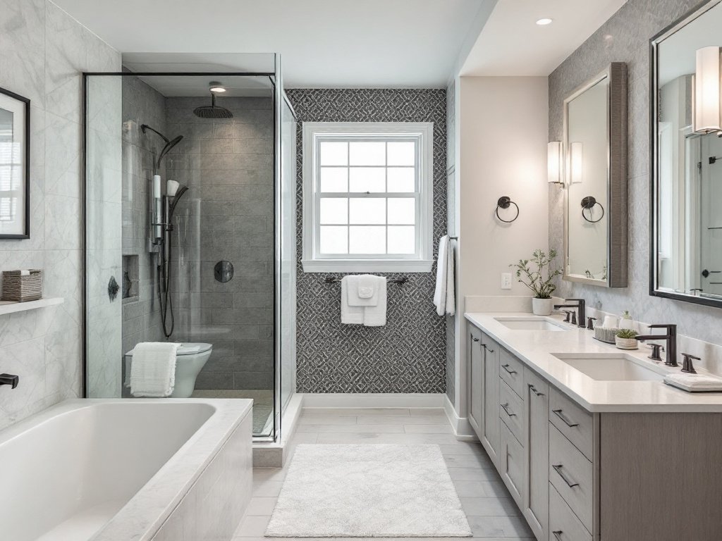 A modern renovated bathroom in Quincy, MA exhibiting contemporary design elements.