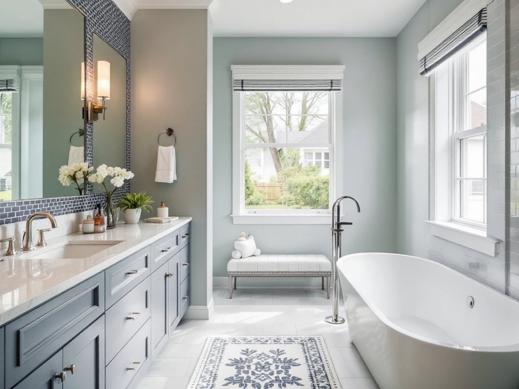 A renovated modern bathroom design in Quincy, Massachusetts.