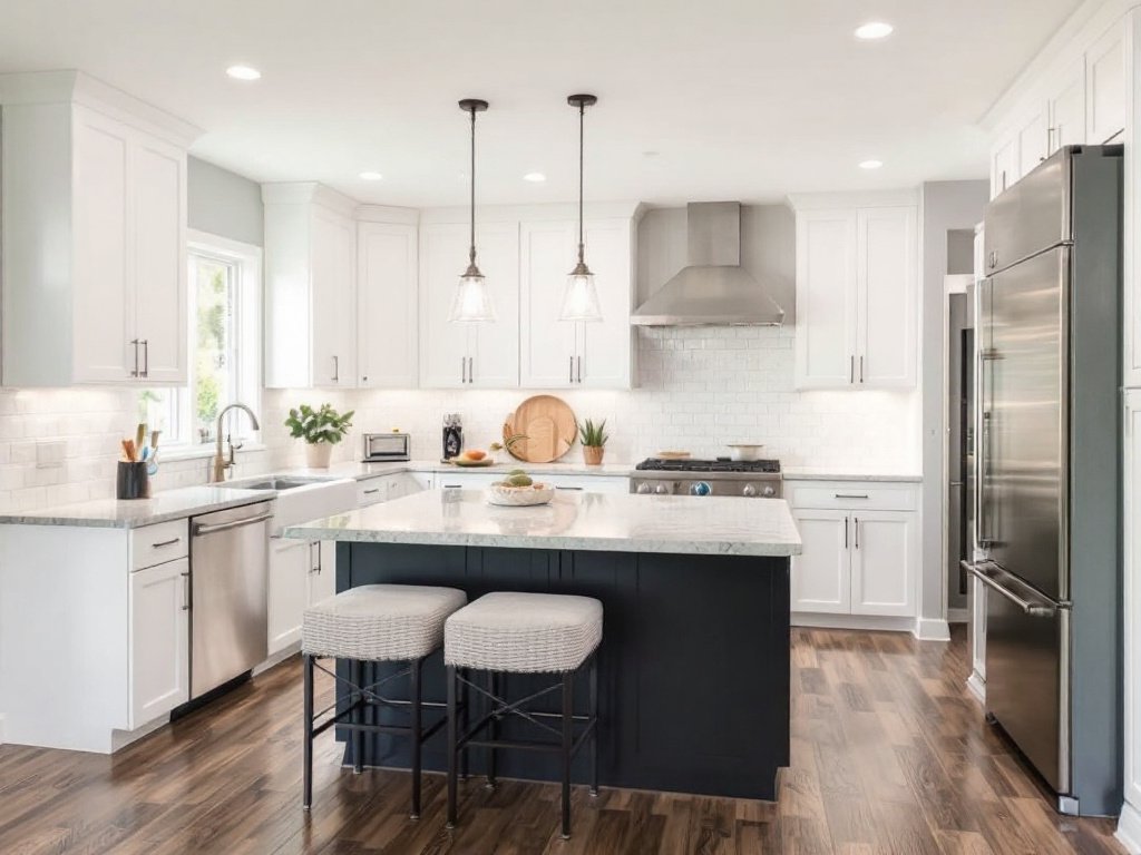 Expert kitchen contractors discussing plans for a modern kitchen redesign in Boston, MA.