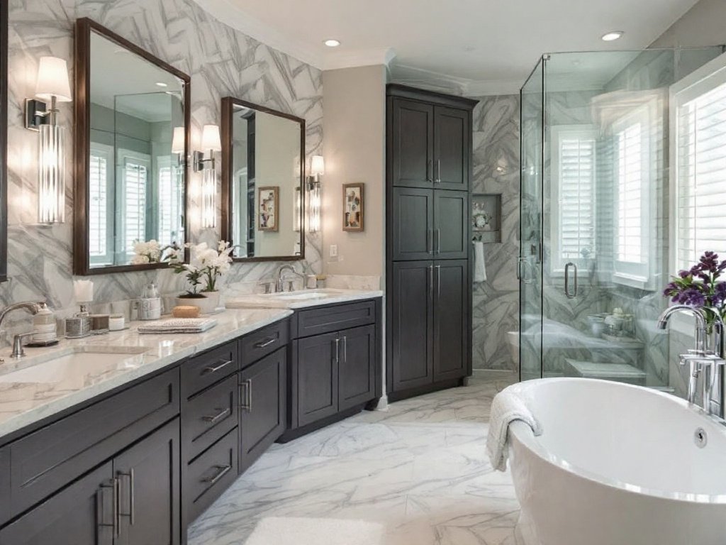Caption: Immerse yourself in luxury with our top-notch, contemporary bathroom renovations in Medfield, MA. Modern designed bathroom renovation project completed by premier contractors near Medfield, MA.