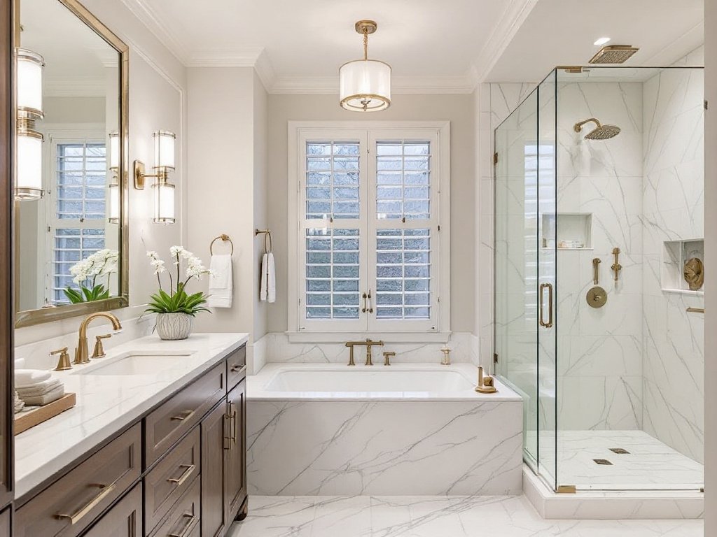 Caption: Experience luxury like never before with the unveiling of Lexington Luxe's masterfully transformed bathroom. Stunning transformation of a luxurious Lexington bathroom with intricate attention to detail and high-end finishes.