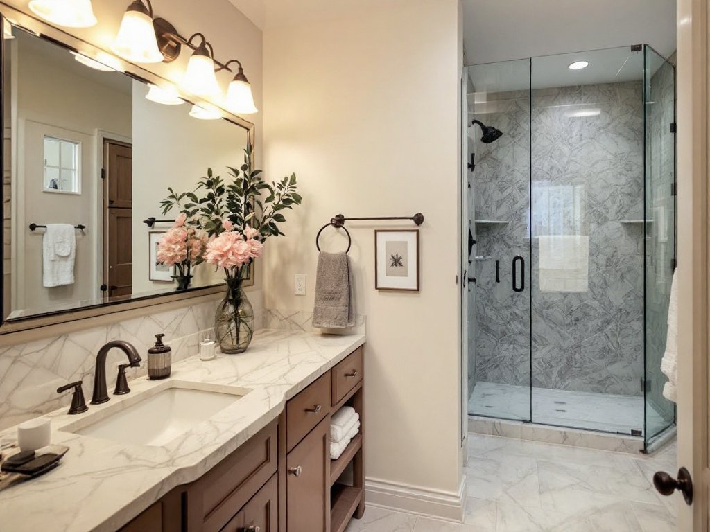 Caption: Breathe fresh life into your home with a focus on modern, contemporary bathroom remodeling. Contemporary design and modern appliances used for remodeling bathrooms.