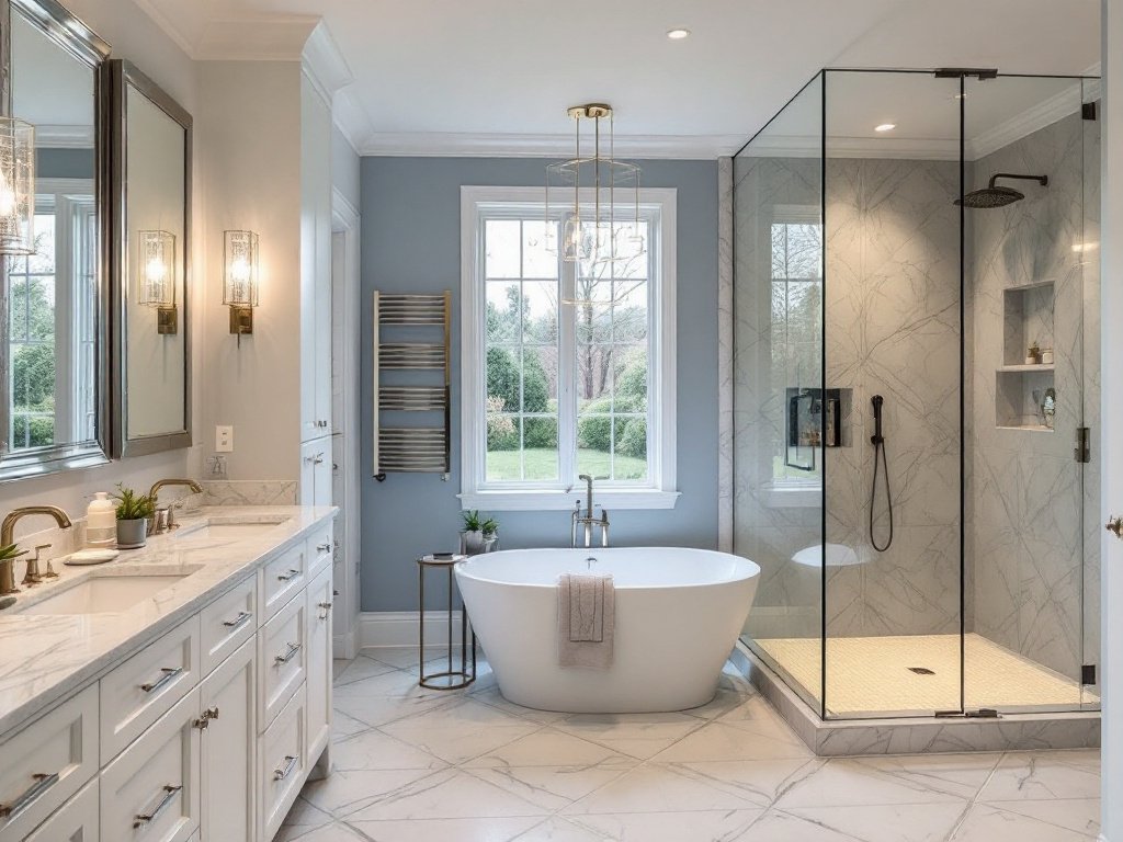 Caption: Behold the brilliance of remodeling work - The Lexington Luxe Masterful Bathroom Transformation with a modern, contemporary twist. A stunningly transformed Lexington Luxe Masterful Bathroom highlighting modern and contemporary design features.