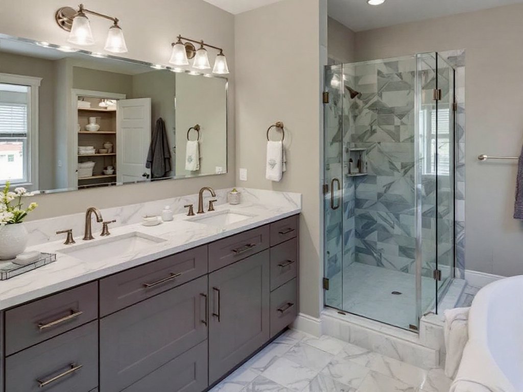 Caption:'Experience the touch of sophistication and innovation with our remodeling contractors, transforming old spaces into modern havens in Boston!' 'Premier bathroom remodeling done by expert contractors in Boston, demonstrating a stunning modern and contemporary design.'
