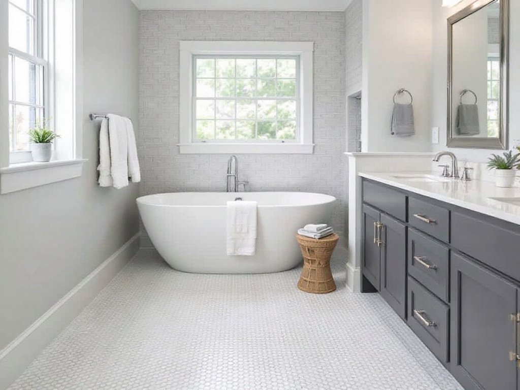 An expert floor tile installer working on a contemporary bathroom remodeling project in Hopkinton, Massachusetts.