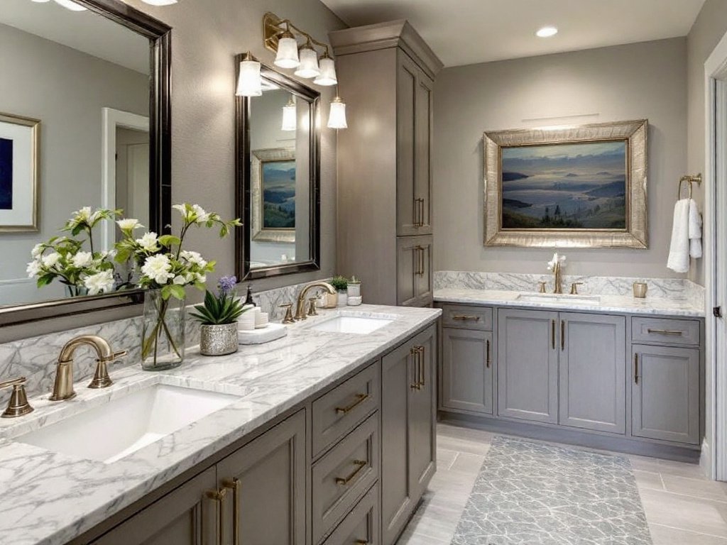 Alt Text: Modern contemporary-themed bathroom remodel, showcasing a sleek design with fresh new furnishings and fixtures.