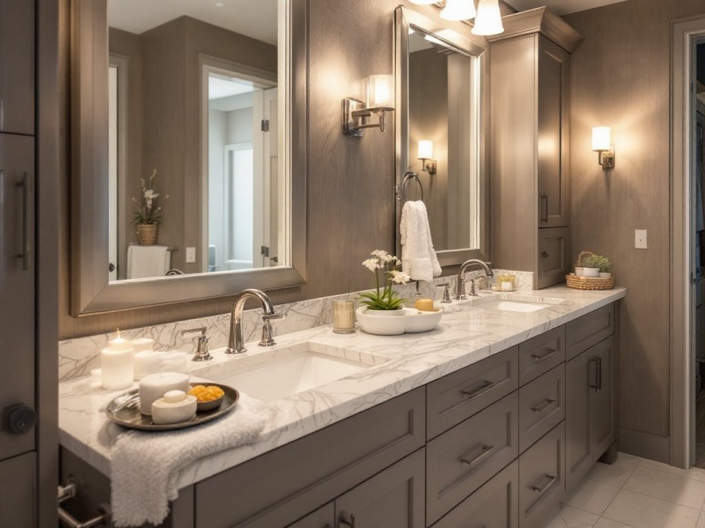 An upgraded, luxurious bathroom with contemporary design elements as a result of stylish remodeling.
