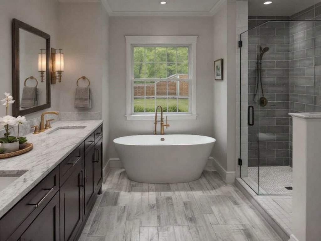 Caption: Discover top-tier floor tile installation - Take your Needham, MA home to the next level with a modern and updated look. Alt Text: Selective focus on the intricate work by floor tile installers in a modern home close to Needham, MA, showcasing contemporary design and fresh installation technique.