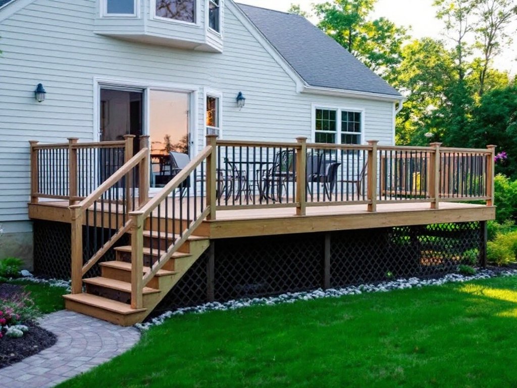 A modern, newly installed deck by one of the top deck installation companies near Acton MA.