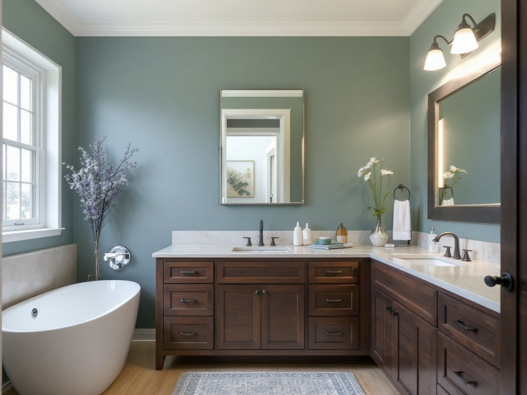 A Modern Sanctuary: Our Interior Painting and Bathroom Remodeling Redesign. A renovated, contemporary bathroom with newly painted interiors representing our Interior Painting and Bathroom Remodeling Service.