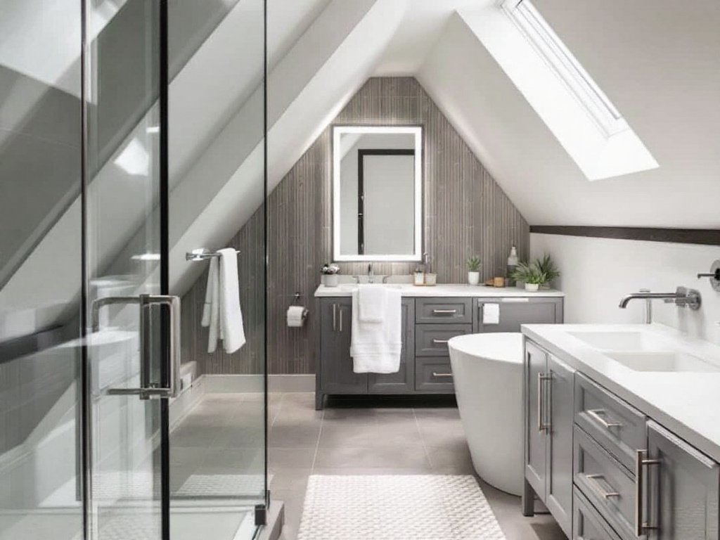 Caption: Modern design influences meet functionality in this contemporary attic bathroom remodel in Medford, MA. The perfect blend of style and convenience unveils the full potential of your attic. A newly remodeled, modern and contemporary Attic Bathroom in Medford, MA showcasing its potential.