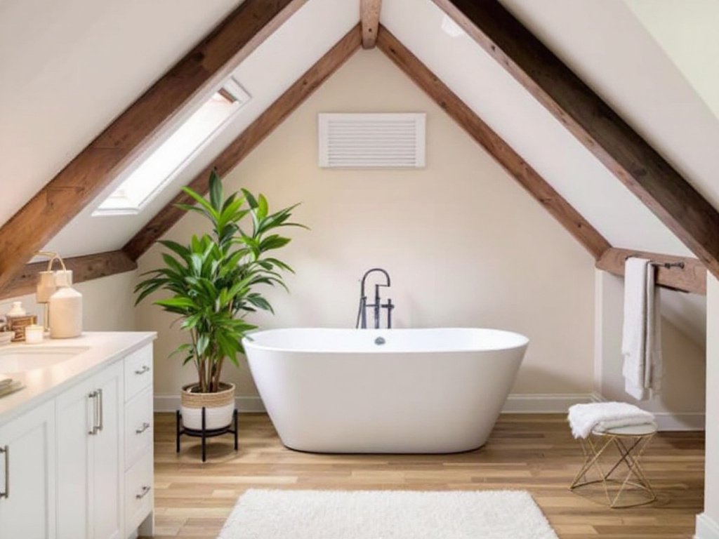 Caption: Experience the transformation of space: an attic bathroom remodeling project in Medford, MA that reveals unimagined potentials. A meticulously remodeled attic bathroom in a house from Medford, Massachusetts, showcasing its maximum potential.