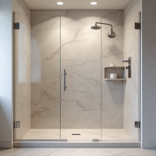 Walk-in shower conversion featuring Italian beige composite stone panels, white shower base, chrome Kohler faucet with handheld showerhead, and sliding glass shower door.