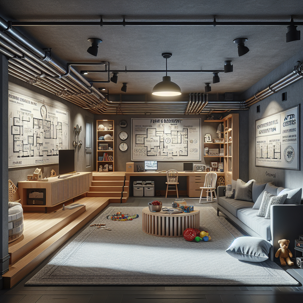 Detailed blueprints, tools, and images of remodeled basements associated with a comprehensive guide to full-service basement remodeling.