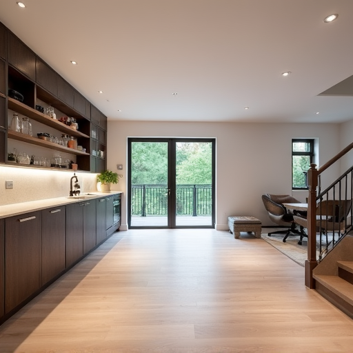 Modern finished basement featuring light wood flooring, recessed lighting, built-in dark wood cabinetry with open shelving, home office nook, and large glass doors overlooking greenery.