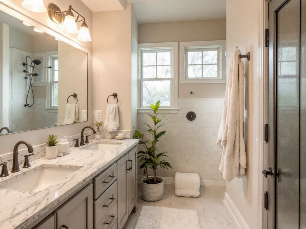 A visually pleasing image of a modernly designed economical bathroom remodel.