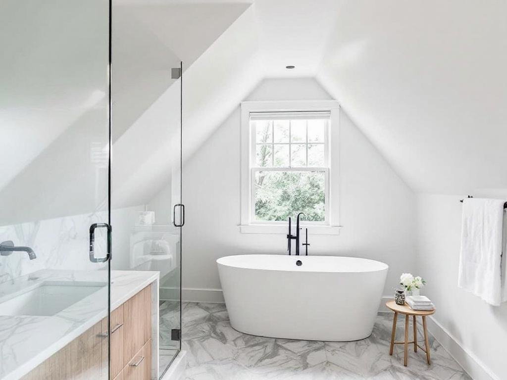 A renovated luxurious attic bathroom with modern amenities in Medford, MA.