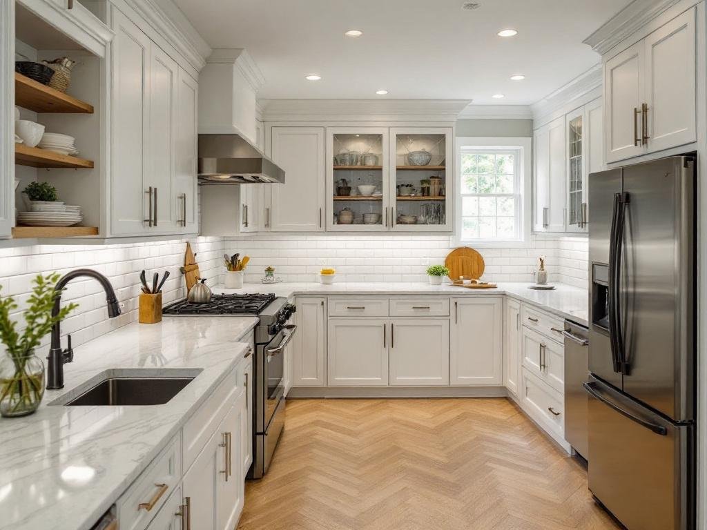 A gleaming fresh modern kitchen outlook influenced by best remodel contractors near Dedham, Massachusetts.