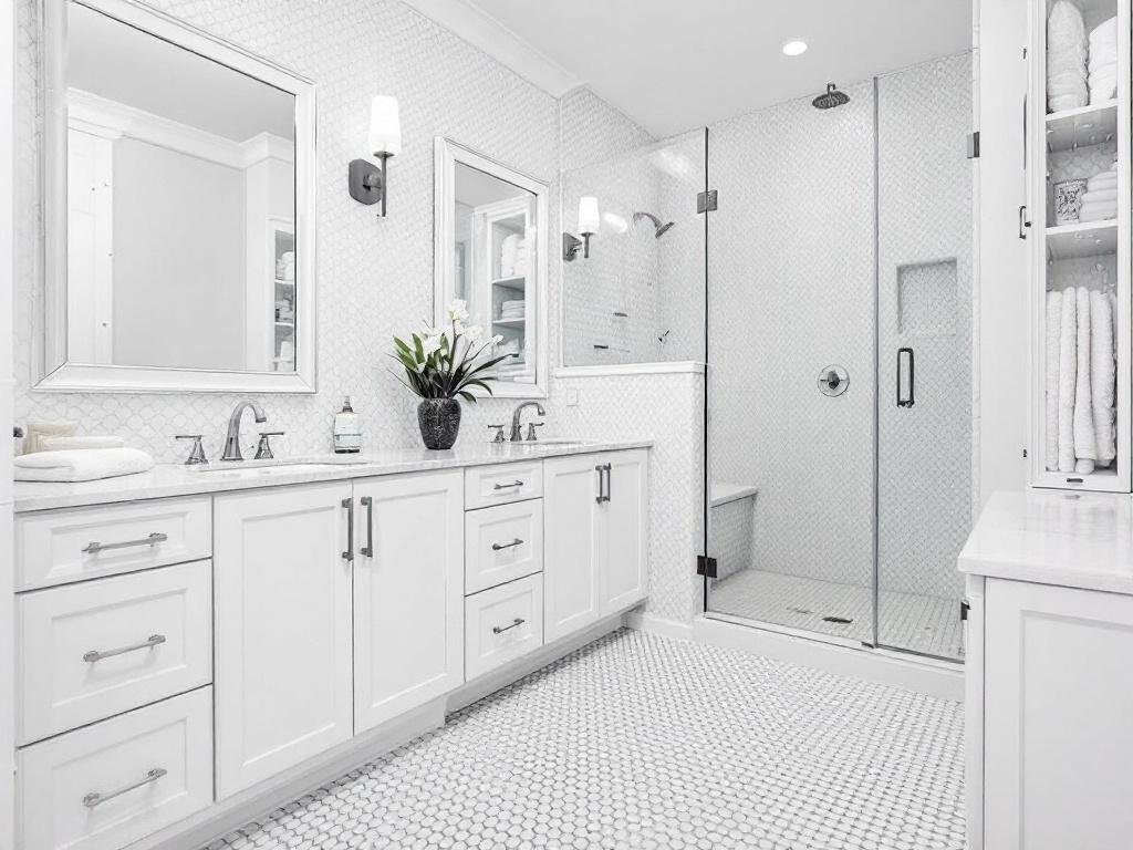 A modern, contemporary bathroom design showcasing high-quality tile installations by local contractors in Medfield, MA.