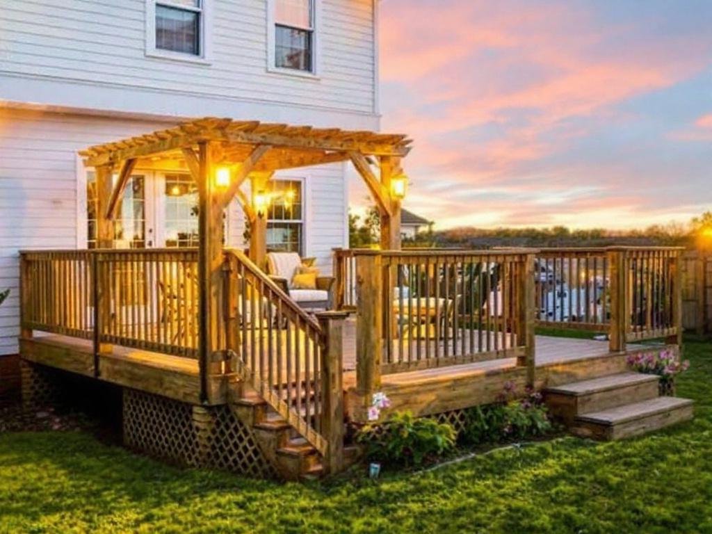 Caption: Experience the future of outdoor living with our unique deck installation! Tailored to fit your modern lifestyle in Woburn, MA. A modern and contemporary design on a newly installed deck near Woburn, MA to elevate outdoor living.