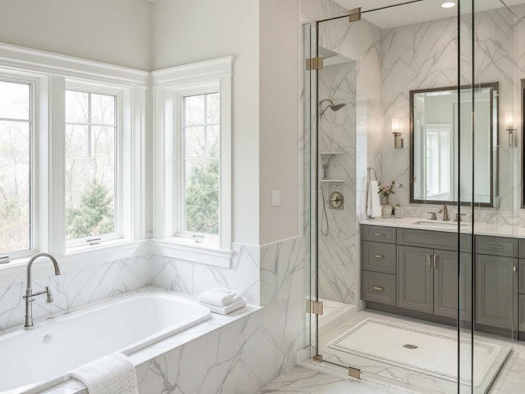 A newly remodeled, modern and contemporary master bathroom in Needham, MA epitomizing the ultimate in luxury.