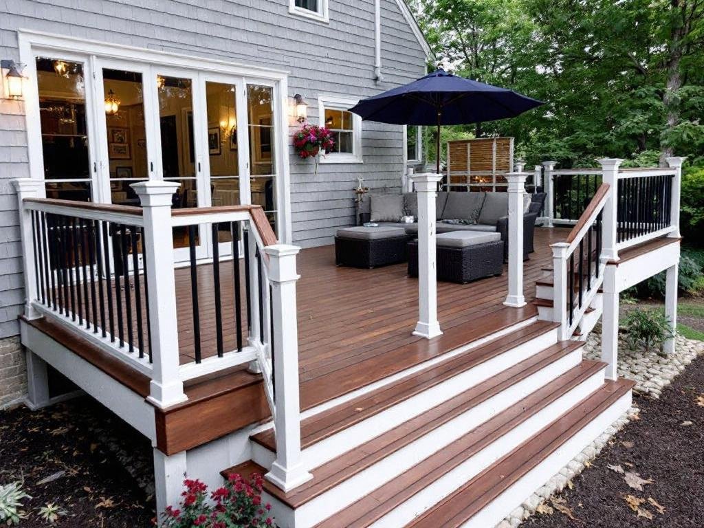Caption: Beautifully designed modern deck installation in Walpole, MA - experience the best! New, modern, and contemporary deck installation near Walpole, MA.