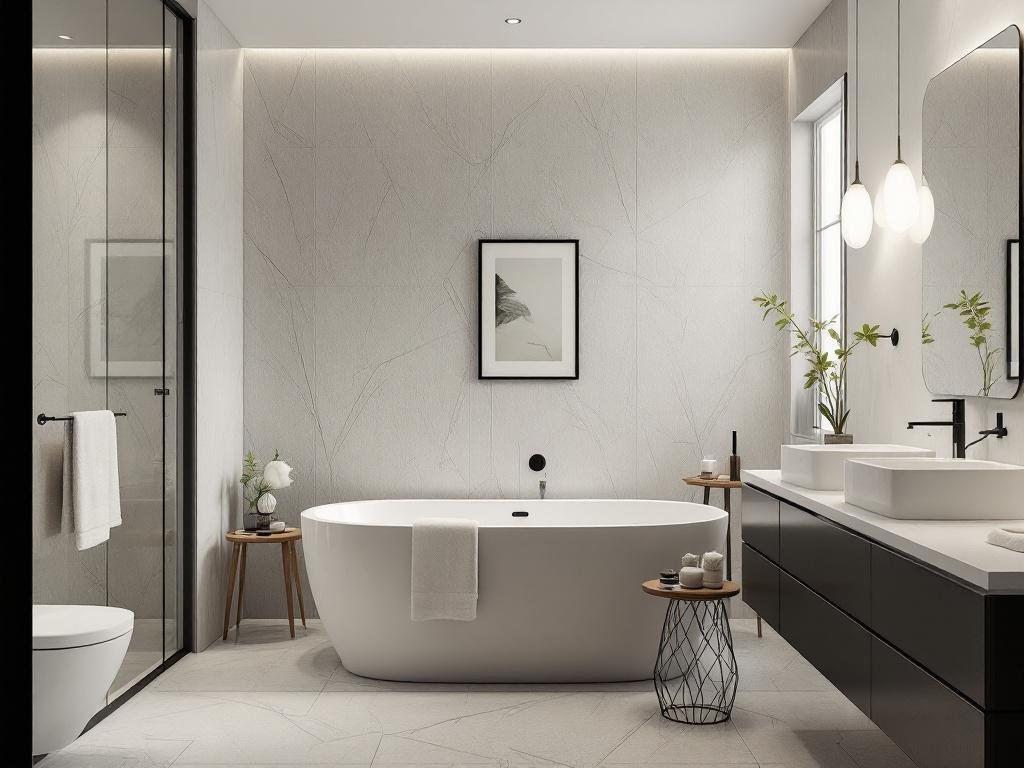 Caption: A stunning example of a modern bathroom transformation, featuring a standout bathtub and innovative design aesthetics. A modern bathroom renovation showing a new stylish bathtub along with contemporary design elements.