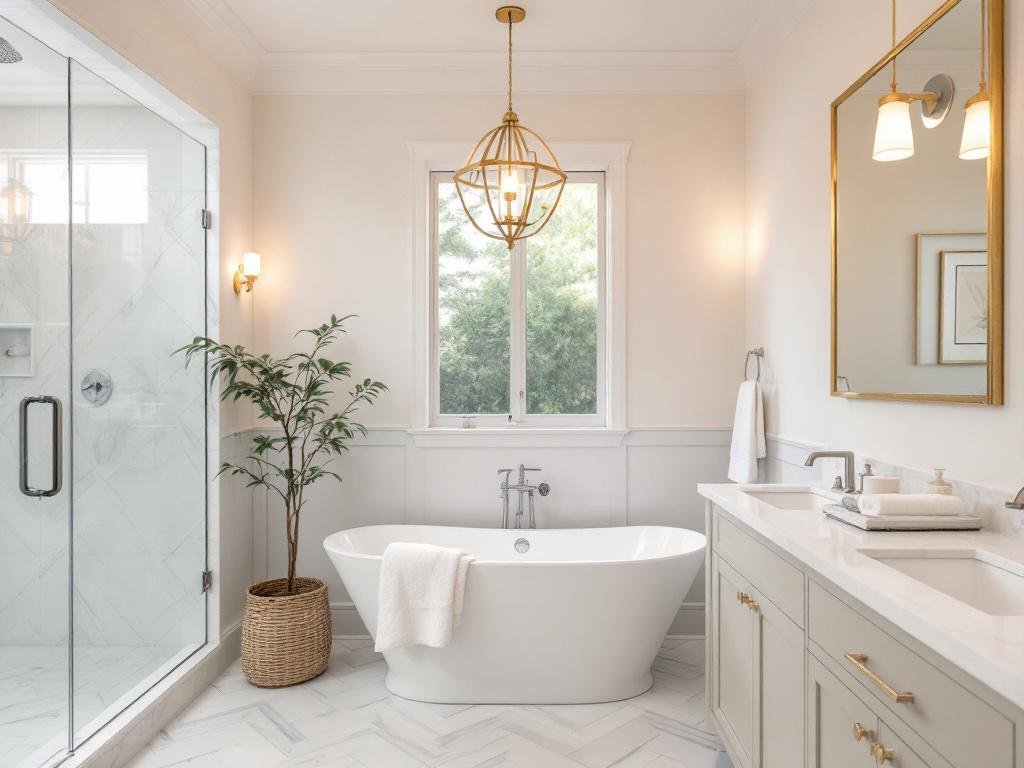 'Step into Tranquility: Your Bathroom's Modern Makeover with a Classy Bathtub.' 'A transformed contemporary bathroom with an elegant bathtub'.