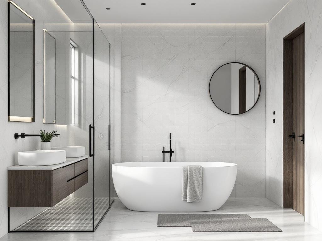Caption: Unveiling the beauty of redesign - A stylish elevation of modern bathroom artistry. A modernly redesigned bathroom with elevated architecture and art.