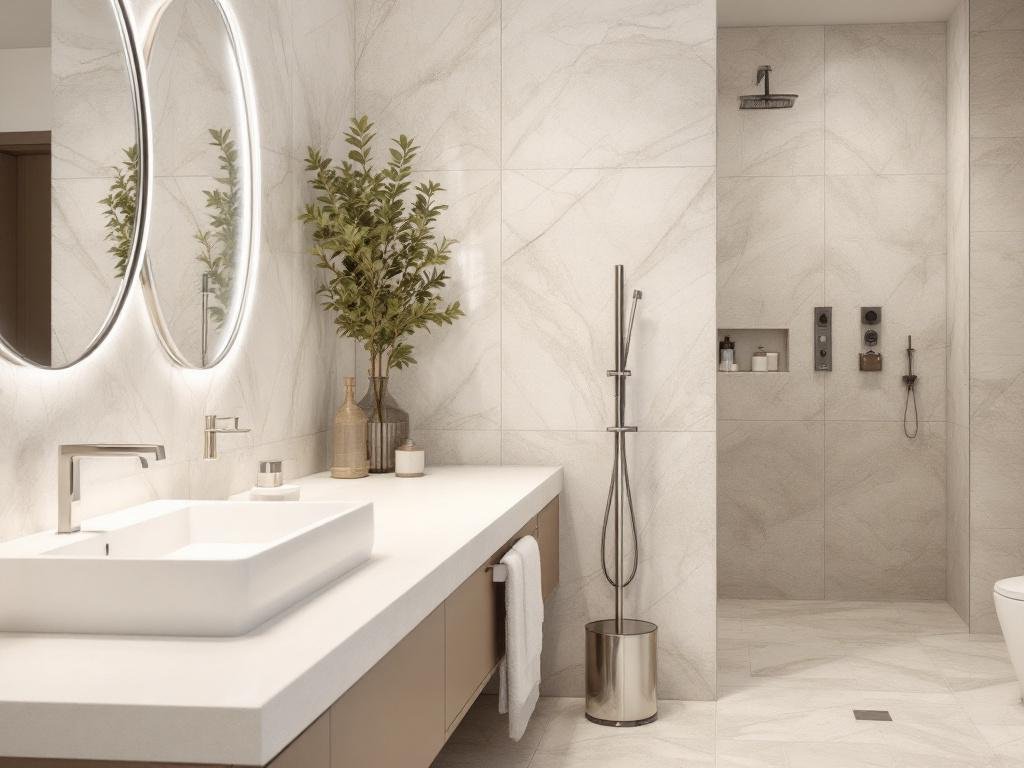 Caption: Experience the magic of innovation with bathroom tile and paint; a contemporary blend of new-age design that oozes modern charm. A breathtaking example of the transformative power of bathroom tile and paint in a sleek, modern, and contemporary aesthetic.