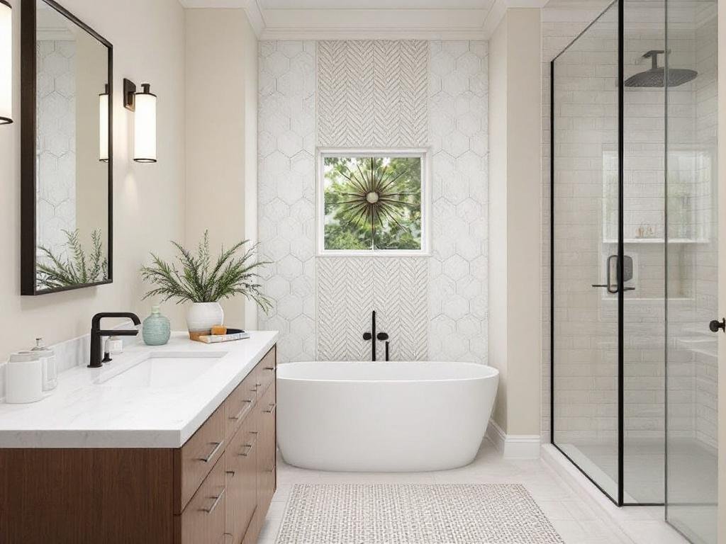 The Phenomenal Transformation of Your Bathroom with Elegant Tiles and Fresh Paint. An updated bathroom with modern tile work and newly painted walls enhancing its look and feel.